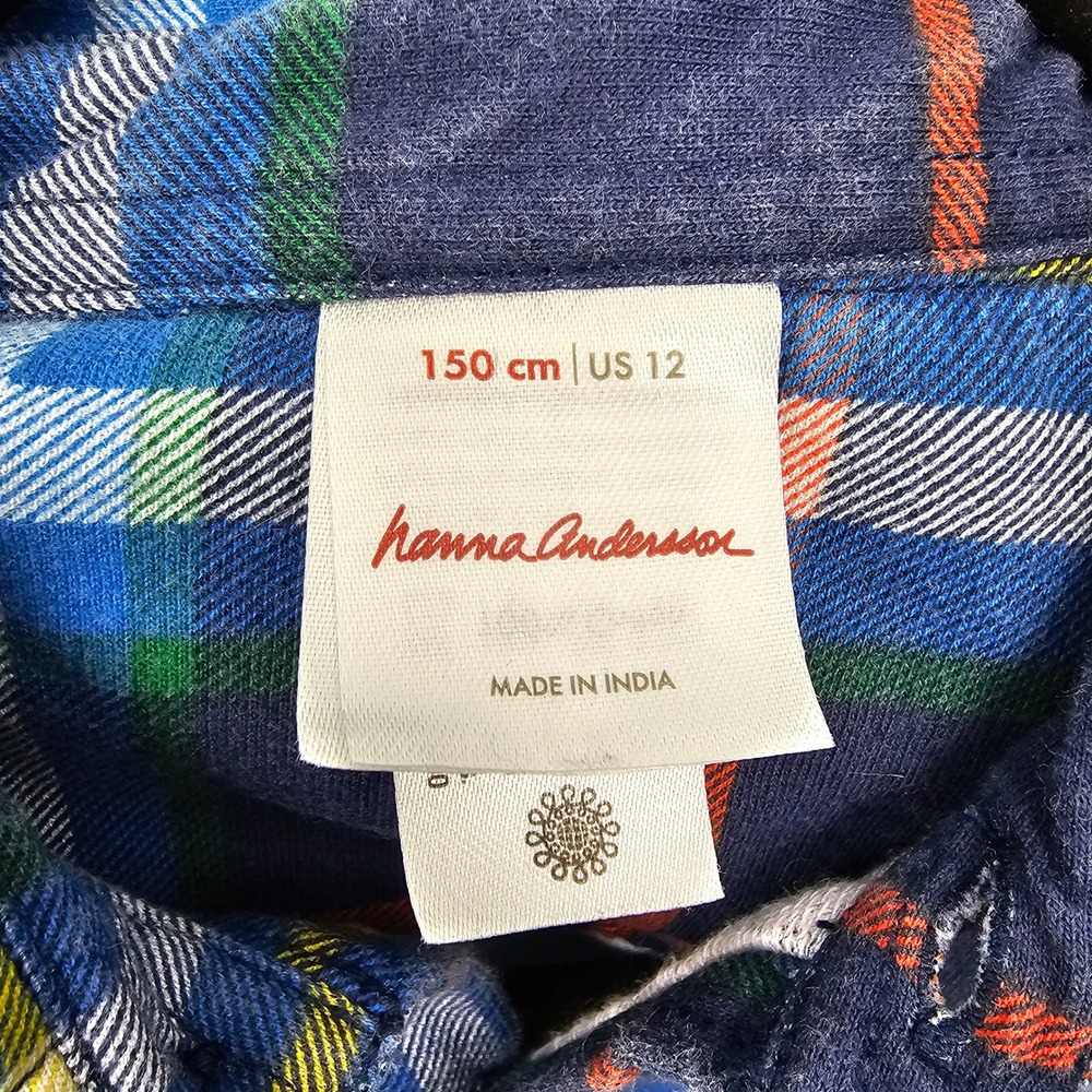 Hanna Andersson Kids Size 12 Flannel Button Down Shirt Navy Blue Plaid Cotton - Picture 8 of 9
